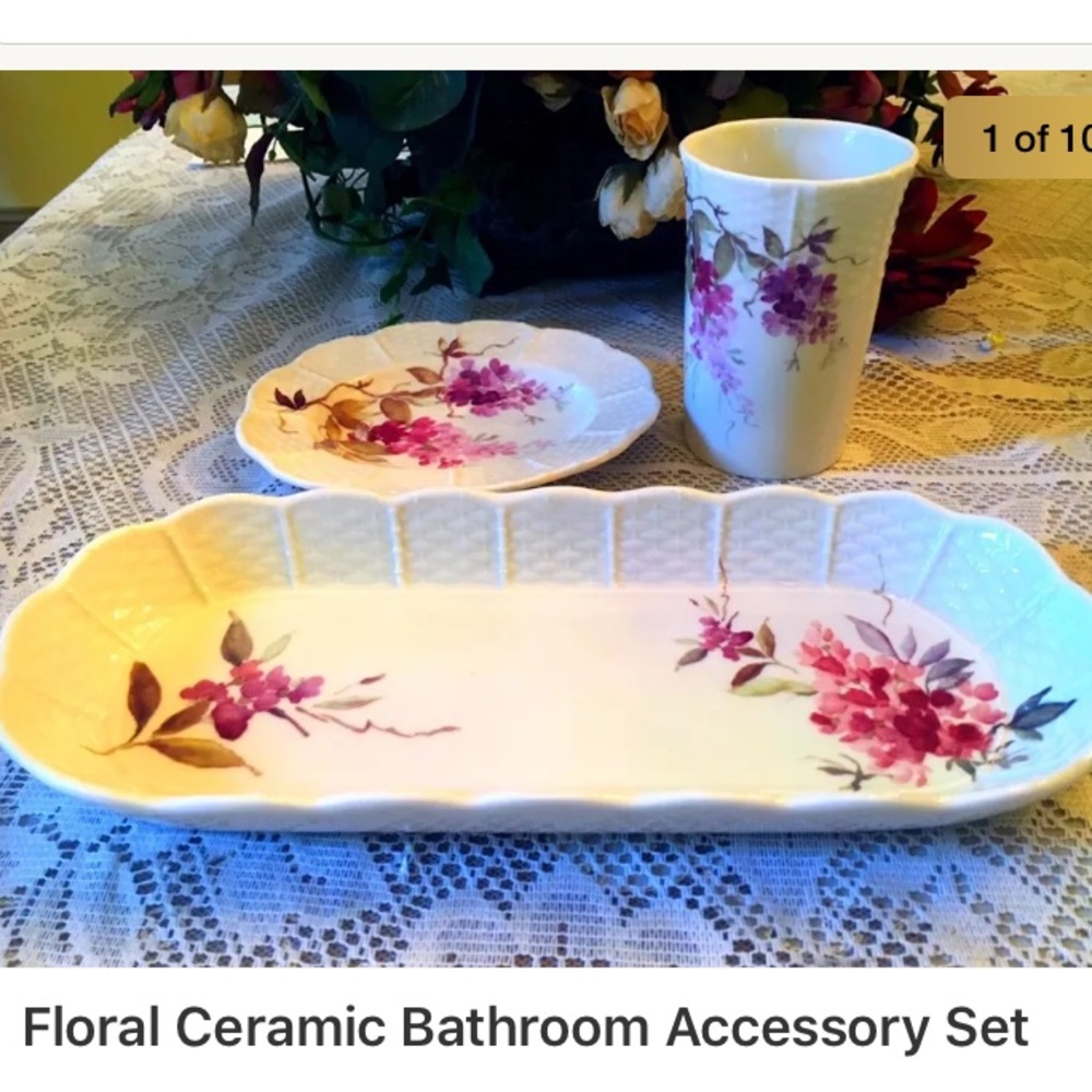 Purple Floral Ceramic Bathroom Accessory Set